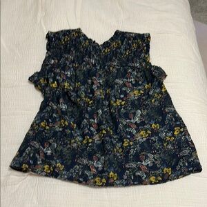Caslon Blue and Yellow Ruffled Sleeveless Blouse